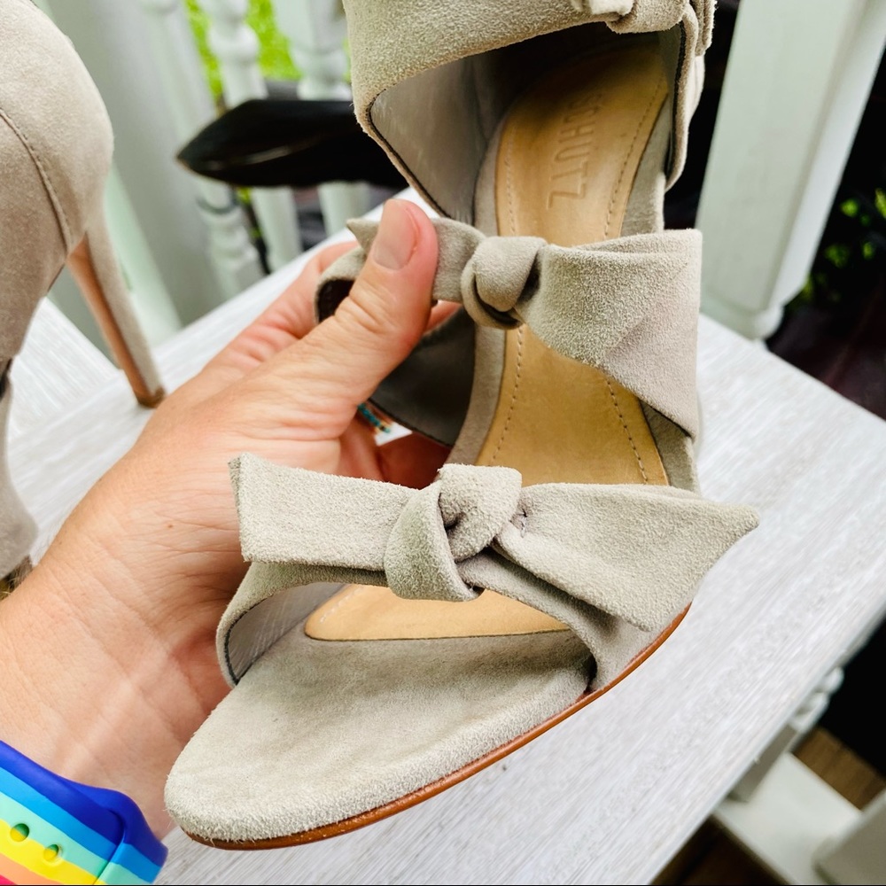 Schutz Miranda Suede Peep Toe Bow Strappy Heels in “Mouse” size 6 - Picture 11 of 16